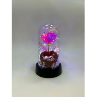 Trandafir de sticla artificial in cupola din plastic cu lumina led