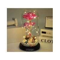 Trandafiri din sticla artificiala in cupola 22.5 cm cu lumina led engros