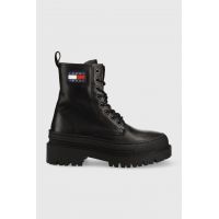 Tommy Jeans bocanci de piele Lace Up Boot femei, culoarea negru, cu platforma