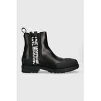 Love Moschino ghete chelsea de piele femei, culoarea negru, cu toc plat