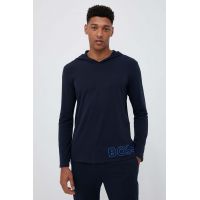 BOSS bluză lounge culoarea albastru marin, cu glugă, cu imprimeu