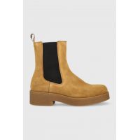 BOSS botine din piele intoarsa Chris femei, culoarea bej, cu toc plat