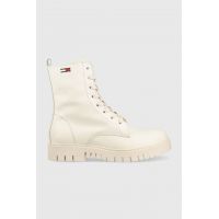 Tommy Jeans bocanci de piele Tommy Jeans Lace Up Wmns Boot femei, culoarea bej, cu toc plat