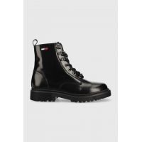 Tommy Jeans bocanci de piele Tommy Jeans Leather Lace Up femei, culoarea negru, cu toc plat