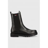 Tommy Jeans ghete chelsea de piele Tommy Jeans Long Chelsea Boot femei, culoarea negru, cu platforma