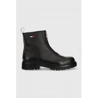 Tommy Jeans cizme de piele Tommy Jeans Zip Boot femei, culoarea negru, cu toc plat