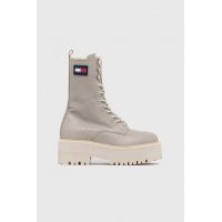 Tommy Jeans bocanci de piele Tommy Jeans Flatform Padded Boot femei, culoarea bej, cu toc plat
