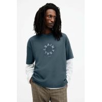 AllSaints tricou din bumbac TIERRA SS CREW barbati, culoarea albastru marin, cu imprimeu