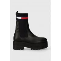 Tommy Jeans ghete chelsea de piele TJW FLATFORM CHELSEA SOCK femei, culoarea negru, cu toc plat, EN0EN02301