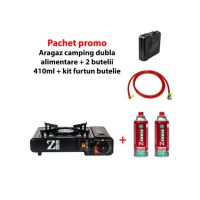Pachet promo - Aragaz camping, aprindere automata, negru, dubla alimentare + 2 butelii 410ml + kit alimentare butelie / SET 30060 Engros