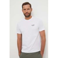 EA7 Emporio Armani tricou din bumbac barbati, culoarea alb, neted