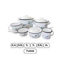 Set 9 vase emailate en-gross decor floral, 6 vase + 3 capace emailate