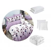 Pachet 1 Lenjerie de pat finet 6 piese, cearceaf pat clasic, Floricele Mov + 1 pilota 200x220 + 2 perne 50x70 + 2 perne 70x70