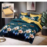 Lenjerie de pat finet 6 piese, cearceaf pat cu elastic, cearceaf pilota 200x230, 2 fete perna 50x70, 2 fete perna 70x70, Extra, verde cu galben
