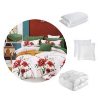 Pachet 1 Lenjerie de pat finet 6 piese, cearceaf pat clasic, Flori de camp + 1 pilota 200x220 + 2 perne 50x70 + 2 perne 70x70
