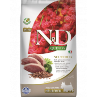 FARMINA N&amp;D Quinoa Hrana pentru caini sterilizati de talie mica, cu rata, broccoli si sparanghel 2,5 kg