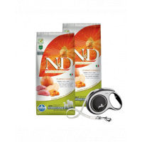 FARMINA N&amp;D GF Pumpkin Boar &amp; Apple Adult Medium &amp; Maxi 2 x 12 kg hrana caini talie medie/mare, cu mistret si mar + FLEXI New Comfort L Tape 8 m GRATIS