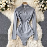 Body tricotat pentru femei cu mâneci lungi B774 gri