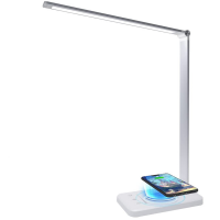 Lampa de birou LED, YDA tech®, cu incarcare wireless, compatibila Android si IOS, touch control, reglare intensitate lumina rece/calda, timing inchidere, alb/argintiu