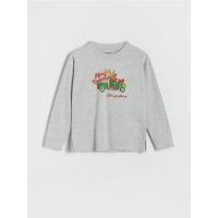 Tricou oversized, cu maneca lunga si motiv de Craciun - gri deschis