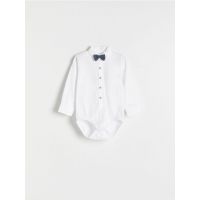 Body din bumbac, cu papion decorativ - alb