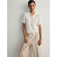 Bluza stil polo, din jerseu - crem