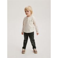 Tricou structurat cu maneca lunga Henley - crem