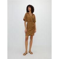 Rochie mini petrecuta in partea din fata, cu adaos de in - brun-auriu