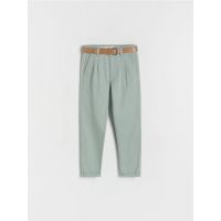 Pantaloni chino din material structurat, cu curea - verde-pal