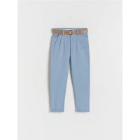 Pantaloni chino din material structurat, cu curea - albastru