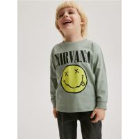 Tricou oversized Nirvana cu maneca lunga - verde-pal