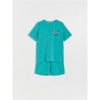 Pijama din bumbac cu imprimeu - turcoaz