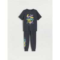 Set pijama din doua piese, cu imprimeu - gri-inchis