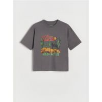Tricou oversized cu imprimeu - gri-inchis