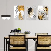 Set 3 tablouri minimalist frunze auriu negru - Dimensiune multicanvas: 3 tablouri 30x45 cm