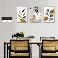 Set 3 tablouri minimaliste frunze aurii negre - Dimensiune multicanvas: 3 tablouri 30x45 cm