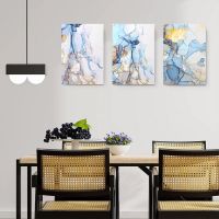 Set 3 tablouri abstract imitatie marmura albastru auriu - Dimensiune multicanvas: 3 tablouri 30x45 cm