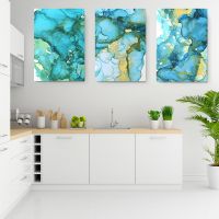Set 3 tablouri abstract imitatie marmura albastru auriu - Dimensiune multicanvas: 3 tablouri 30x45 cm
