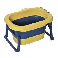 HOMCOM Cadita de Baie Plianta pentru Nou-Nascuti si Copii de 0-6 Ani, din Plastic Antiderapant, Albastru inchis si Galben, 75,3x55,4x43cm