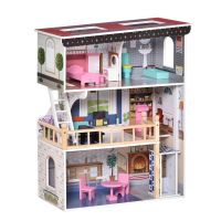 HOMCOM Casă de Păpuși din Lemn cu Ascensor și 3 Nivele, Include 13 Accesorii, pentru Copii 3-6 Ani, 60x30x80cm, Roz | Aosom Romania