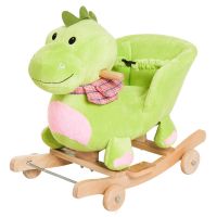 HOMCOM Căluț Balansoar cu Roți și Formă de Dragon pentru Copii 18-36 Luni, Jucărie Educativă din Lemn și Pluș Verde | Aosom Romania