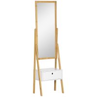 HOMCOM Oglindă de Podea Multifuncțională cu Sertar, pentru Dormitor și Coridor, MDF și Bambus, 45x30x160cm, Alb și Lemn | Aosom Romania