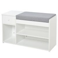 Banca pantofar cu perna, sertar si 3 compartimente deschise, mobilier din lemn pentru hol 81x31.5x49cm, alb