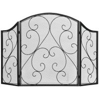 HOMCOM Ecran Semineu Pliabil 3 Panouri Negru Protectie Impotriva Focului si Scanteilor cu Plasa Metalica Decorativ | Aosom Romania