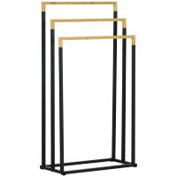 kleankin Suport pentru Prosoape cu 3 Bare din Bambus și Oțel, Design Autoportant, 45x22.5x86 cm, Negru și Lemn Natur | Aosom Romania