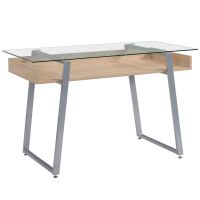 HOMCOM Birou Masa picioare in forma de X suprafata de sticla design modern pentru domiciliu birou stejar 120 x 60 x 74.5cm