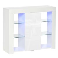 HOMCOM Bufet Modern cu Usa si Lumini LED cu Finisaj Lucios si Rafturi din Sticla, Dulap Mutifunctional 97x35x83cm, Alb Modern