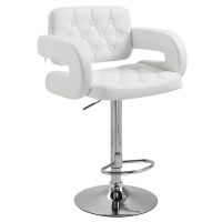 HOMCOM Scaun inalt de bar cu Spatar si Brate, Reglabil, Rotativ din Piele sintetica Alba, pentru Bucatarie sau Pub, 64x50x94-114cm