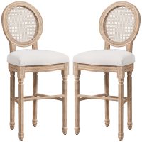 HOMCOM Set 2 Scaune de Bar Stil Franțuzesc, Tapițate cu Lin și Spătar din Ratan, pentru Bucătărie, 48x56x118 cm, Alb Cremos | Aosom Romania