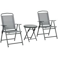 Outsunny 3 Piese Masa Si Scaune De Gradina, Set De Mobilier Cu Fotolii Pliabile Din Material Plasa Si Masuta De Cafea Cu Blat Din Sticla, Gri Deschis